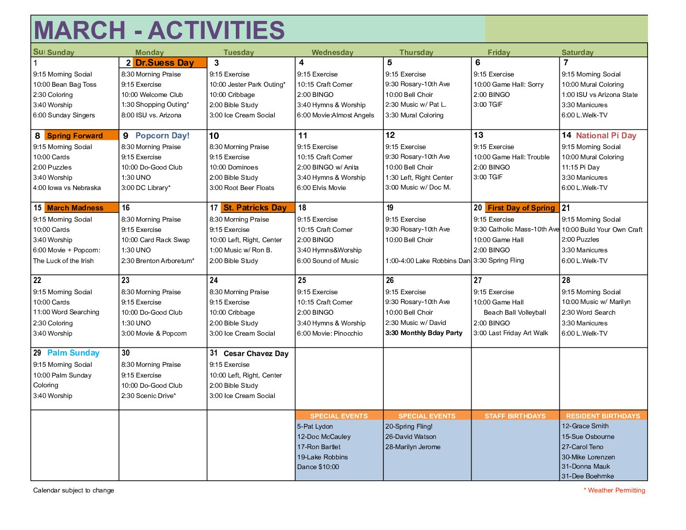 July Activities-General Assisted Living