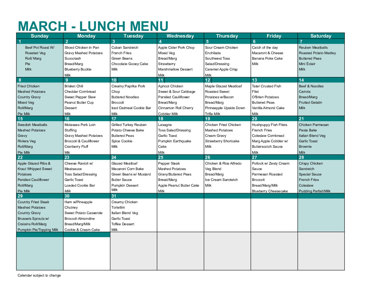 July Lunch Menu