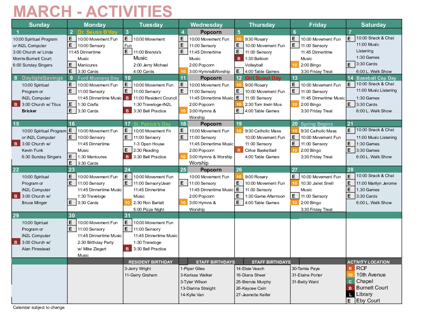 July Activities - Campus Wide-Memory Care - Nursing - Eby Court