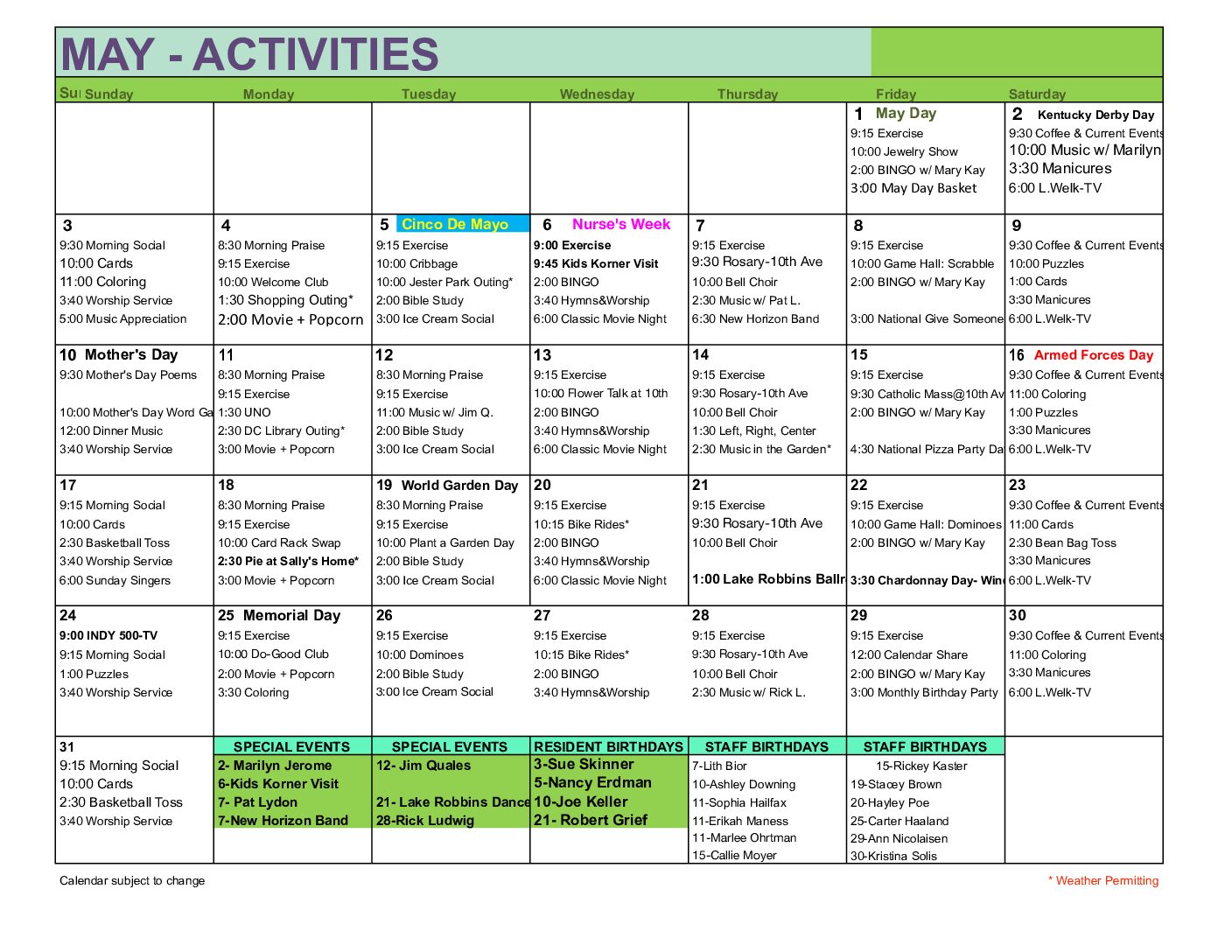 July Activities-General Assisted Living