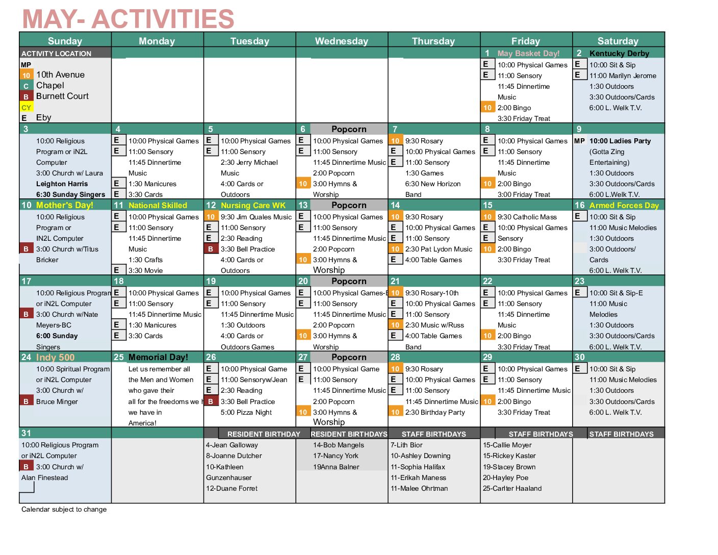 July Activities - Campus Wide-Memory Care - Nursing - Eby Court
