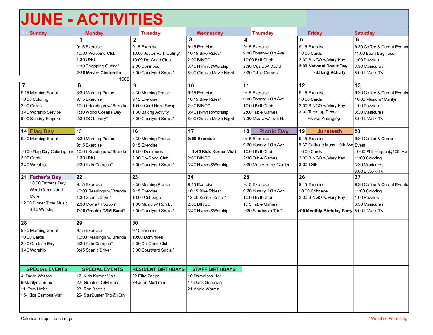 July Activities-General Assisted Living
