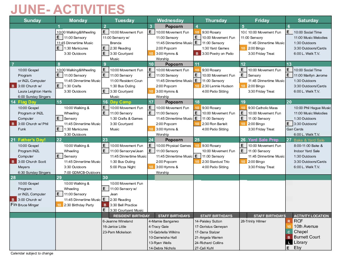 July Activities - Campus Wide-Memory Care - Nursing - Eby Court