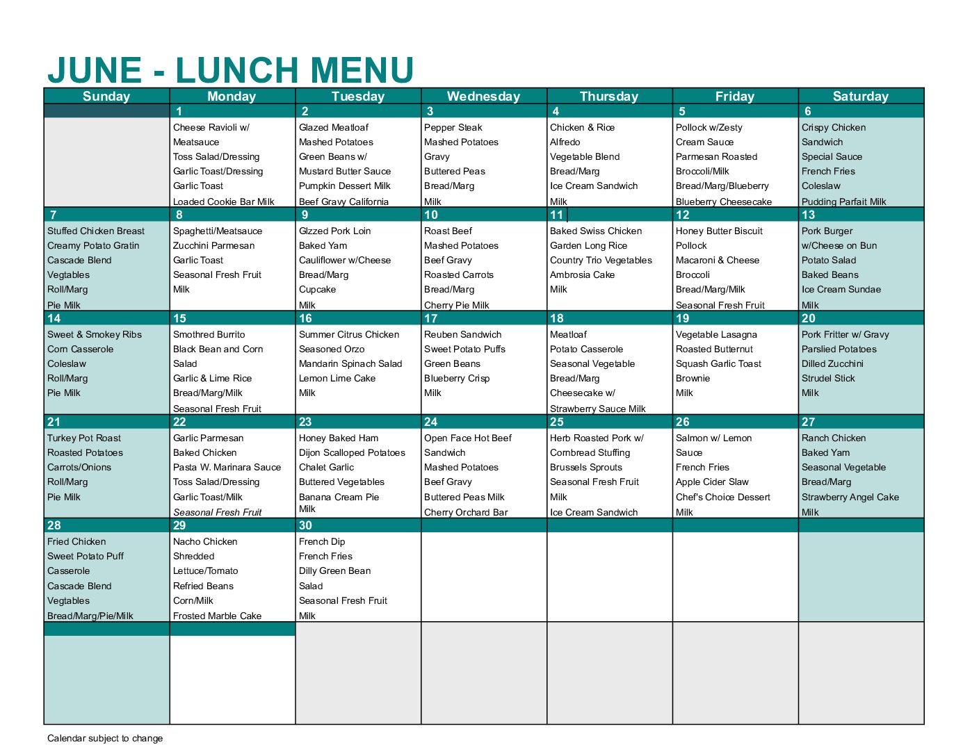 July Lunch Menu