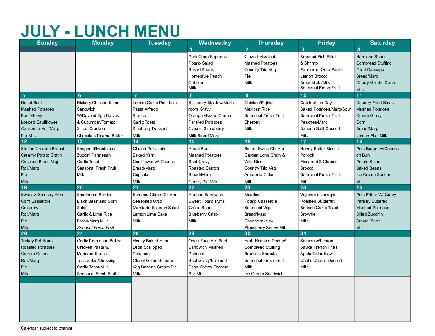 July Lunch Menu